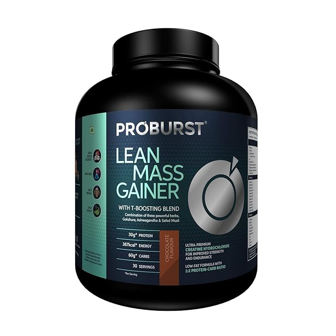 Proburst Lean Mass Gainer With T-BOOSTING BLEND Combination of Three Powerful Herbs GOKSHURA,ASHWAGANDHA, & SAFED MUSLI with 30g Protein,387 Kcal Energy,60 carbs