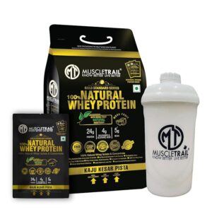 Muscle Trail Gold Standard Series |70 Pouches |Low Carb & Fat |Shaker Inside |24g Natural Whey Protein (2.17 kg) (Kesar Kaju Pista)