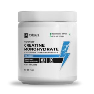Wellcore – Pure Micronised Creatine Monohydrate (250g, 83 Servings) Unflavoured | Lab Tested | Rapid Absorption | Enhanced Muscle strength & Power | Fast Recovery | Increased Muscle Mass|Powder