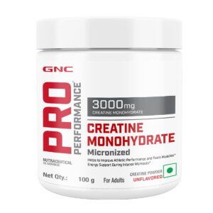 GNC Pro Performance Pure Micronised Creatine Monohydrate | 100 gm | 33 Servings | Boosts Athletic Performance | Micronized & Instantized | Fuels Muscles | Provides Energy Support for Heavy Workout | Unflavoured | Imported