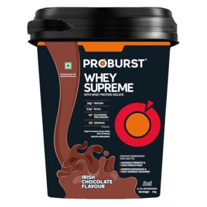 Proburst Whey Supreme Whey Protein Isolate Powder With 24g Protein, 4g Glutamine & 5.5g BCAAs, Irish Chocolate, 4 kg Bucket