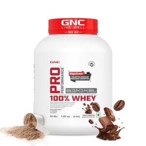 GNC Pro Performance 100% Whey Protein | 4 lbs | Muscle Growth | Muscle Recovery | DigeZyme® For Easy Digestion | Informed Choice Certified | 24g Protein | 5.5g BCAA | Imported Whey | Café Mocha