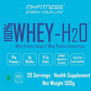Myfitness 100% Whey H2O | 80% Protein Per Serving | Isolate & Concentrate Blend | With Added Digestive Enzymes | Whey Protein Powder (Strawberry Fusion, 500g (20 servings))