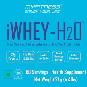 Myfitness iWhey H2O | 88% Protein Per Serving | 100% Whey Protein Isolate | Added Colostrum | Added Digestive Enzymes | Whey Protein Powder (Strawberry Creme, 2kg (80 servings))