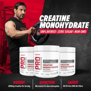 GNC Pro Performance Creatine Monohydrate | 250 gm | 83 Servings | Boosts Athletic Performance | Micronized & Instantized | Fuels Muscles | Provides Energy Support for Heavy Workout | Unflavoured | Formulated in USA