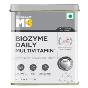 MuscleBlaze Biozyme Daily Multivitamin, 90 Tablets, 5-in-1 Supplement with Vitamins, Minerals, Joint, T-Booster Blend & with US Patent Published EAF®, for Higher Energy & Improved Performance Levels